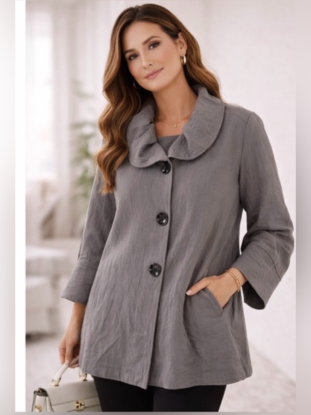 NWT Yushi Lagenlook Swing Jacket Ruched Wire Ruffle Collar Gray XL USA Made